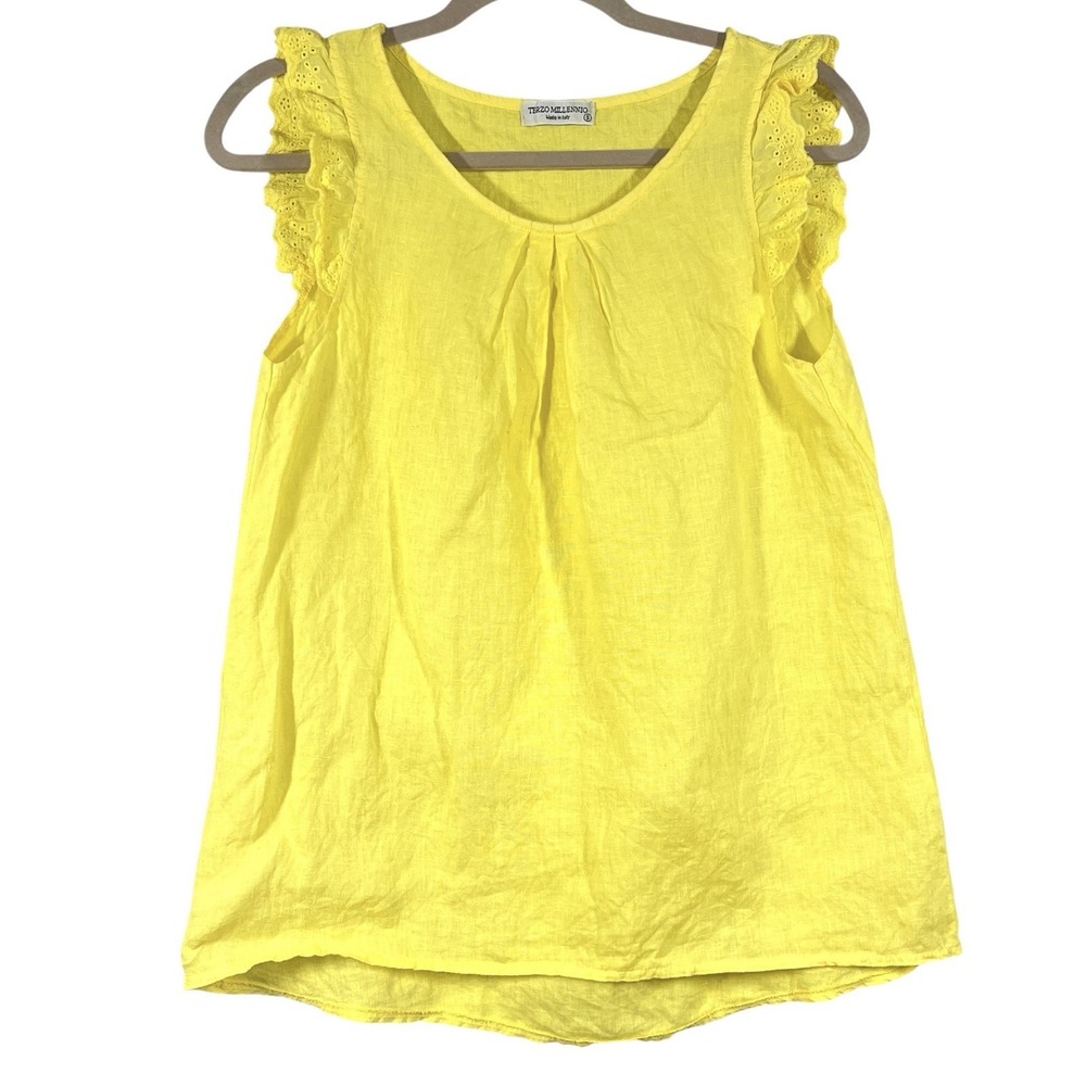 Terzo Millennio Italian Linen Top Womens S Yellow Eyelet Flutter Tank Coastal